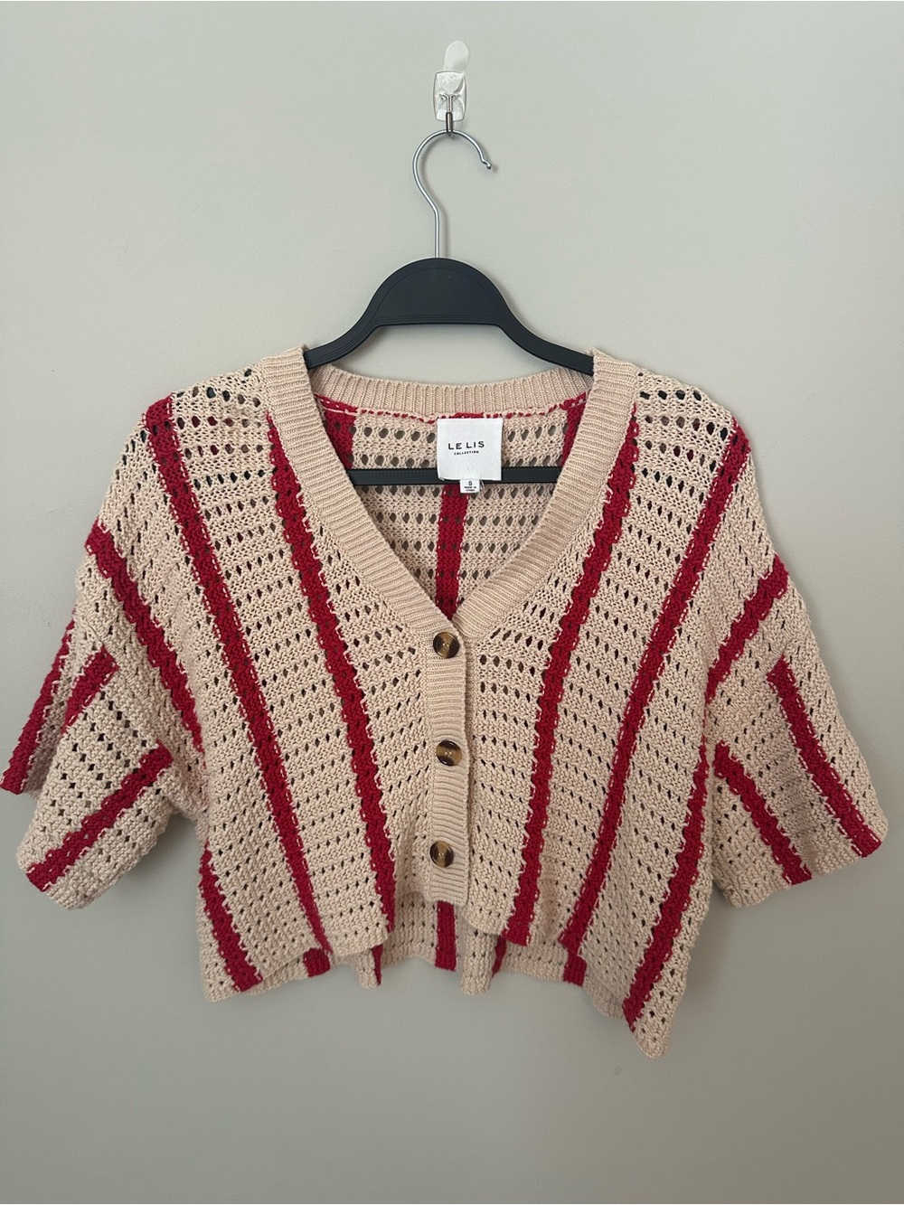 Le Lis Beige Crochet Cardigan with Red Stripes